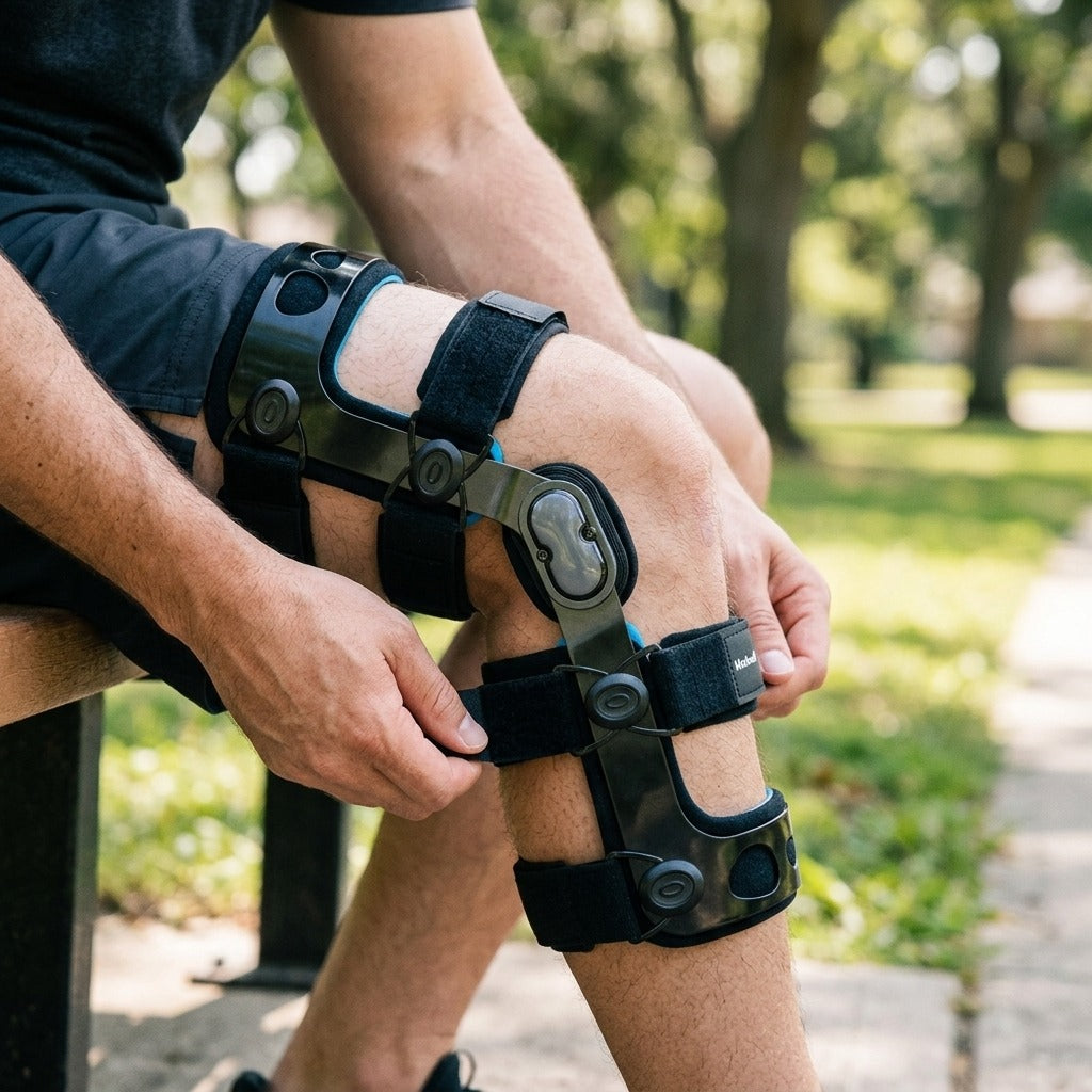Dual-Hinge Knee Brace for Ligament Support - in use