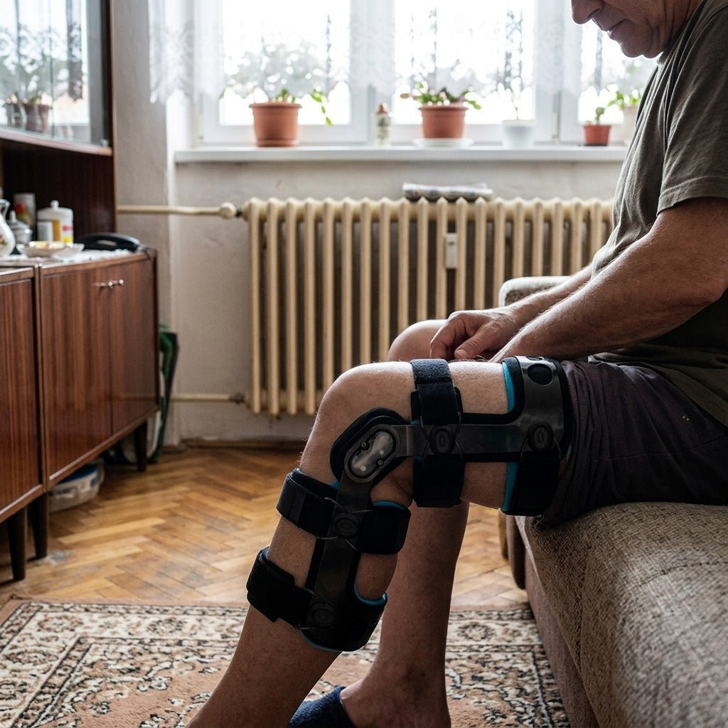 Kétoldali csuklós térdrögzítő szalagtámaszhoz - használat közben