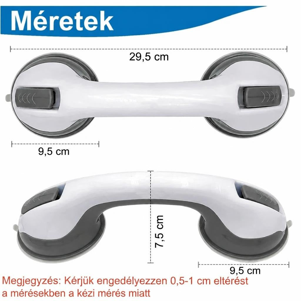 Vákuumos kapaszkodó méretei: 29,5 cm hosszúság, 9,5 cm tapadókorong-átmérő és 7,5 cm magasság.