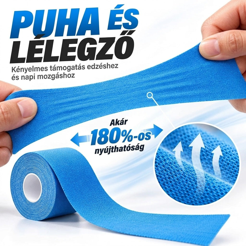 Puha és lélegző kineziológiai szalag 180%-os nyújthatósággal.