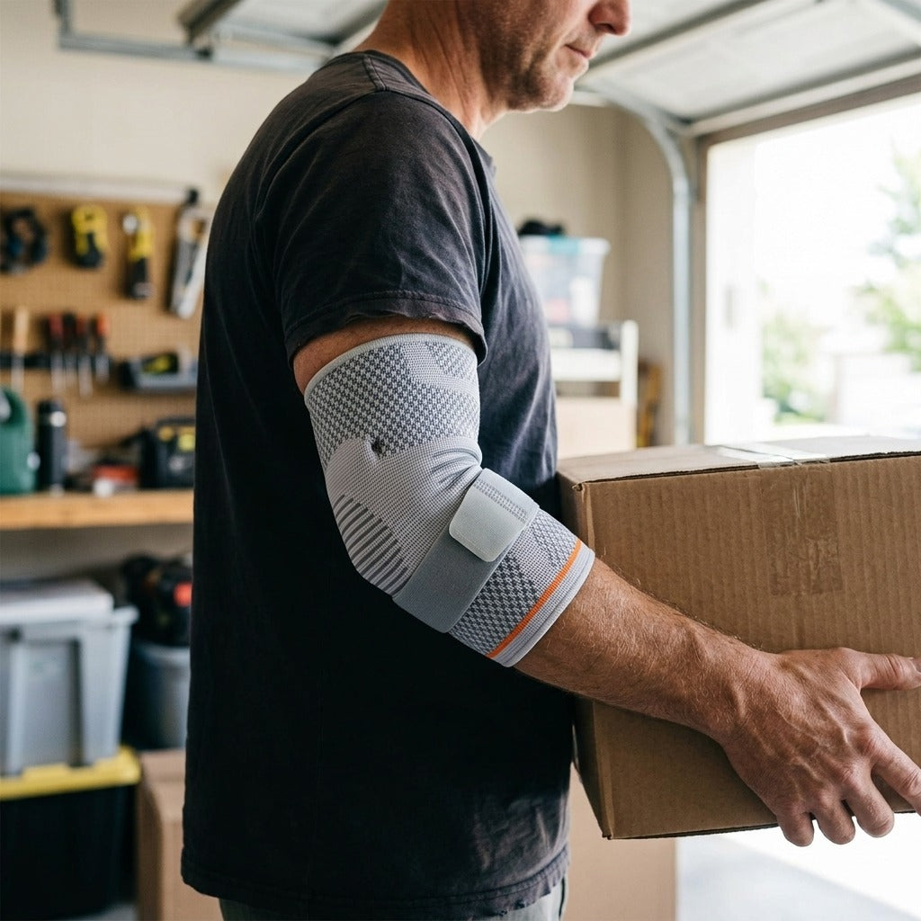 Elbow Compression Sleeve with Gel Pad - in use