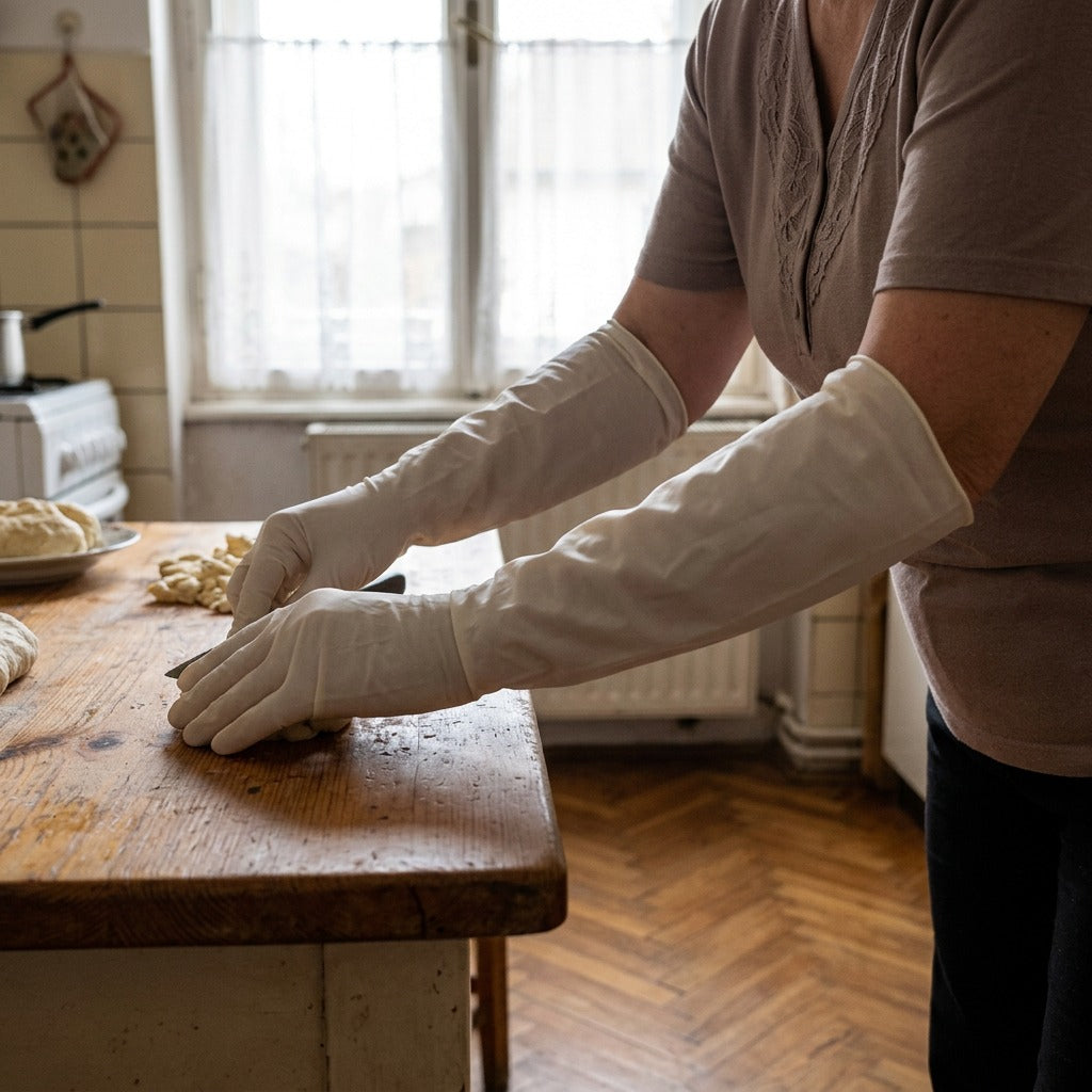 Egyszer használatos, könyékig érő kesztyű - használat közben