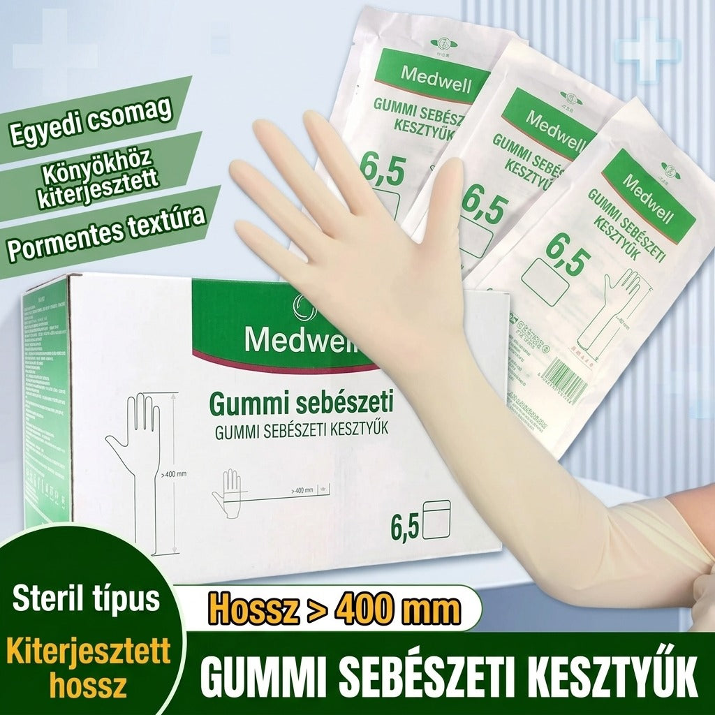 Egyszer használatos, könyékig érő kesztyű