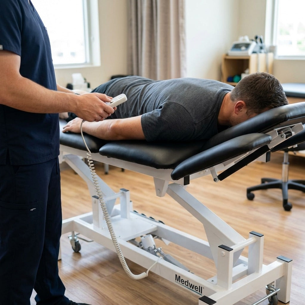 Electric Adjustable Treatment Table with Face Hole - in use