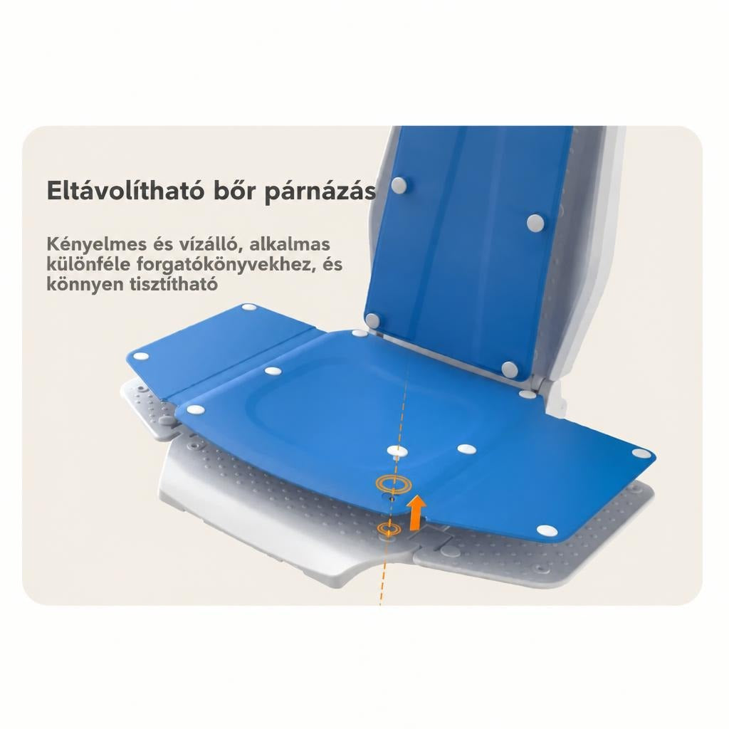Eltávolítható kék bőr párnázás egy fürdetőszéken.