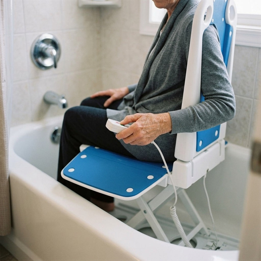Electric Bath Lift Chair with Remote Control - in use