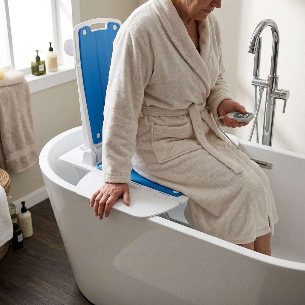 Electric Floor Lift for Bath and Shower Transfers - in use