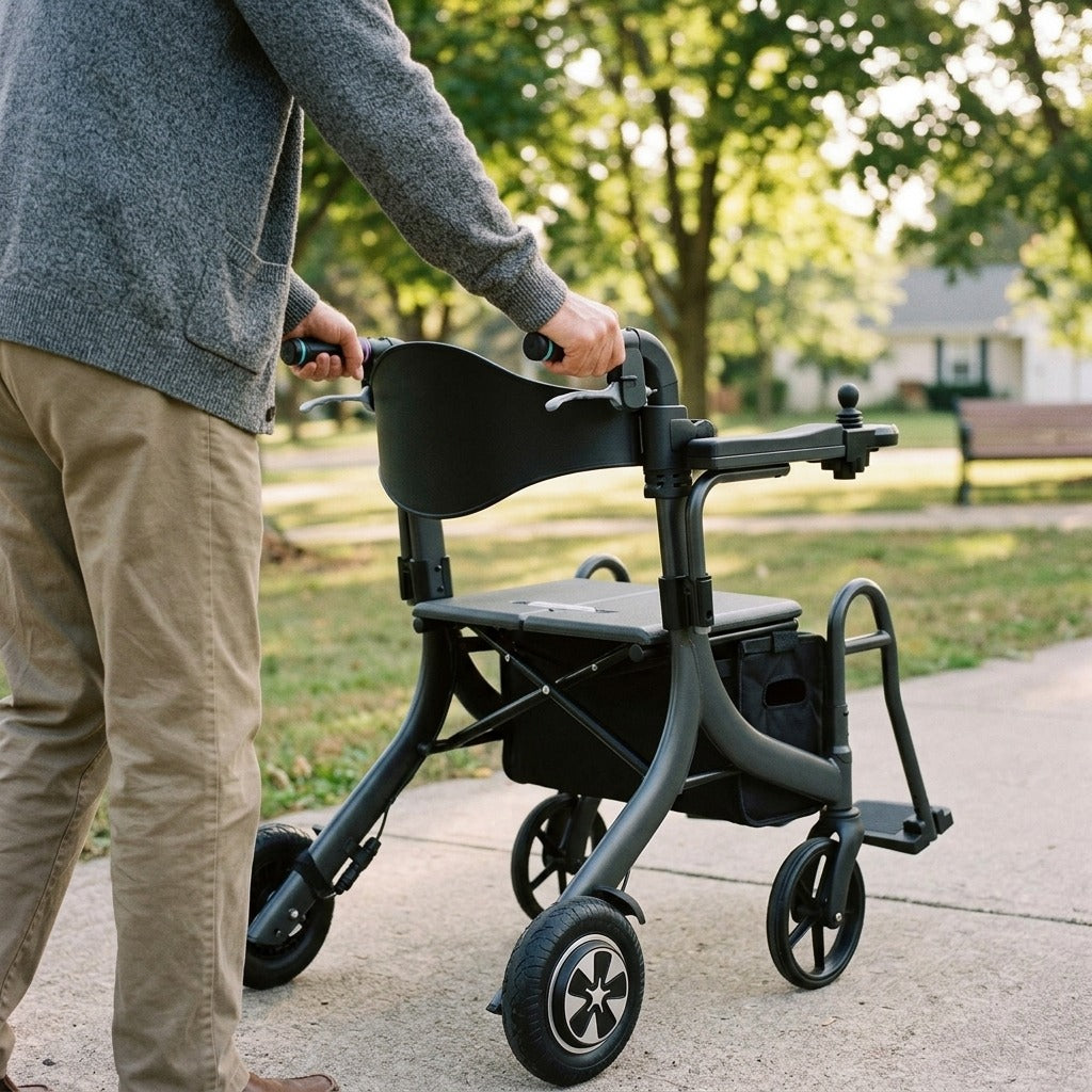 Electric Foldable Rollator Walker with Seat - in use