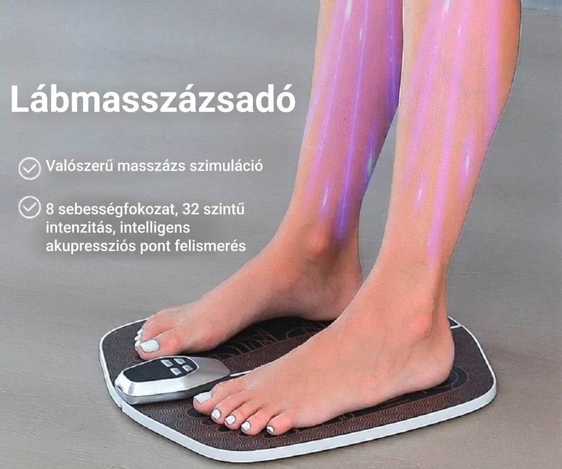 Elektromos lábmasszírozó alátét használat közben lábakkal és a főbb funkciók felsorolásával.