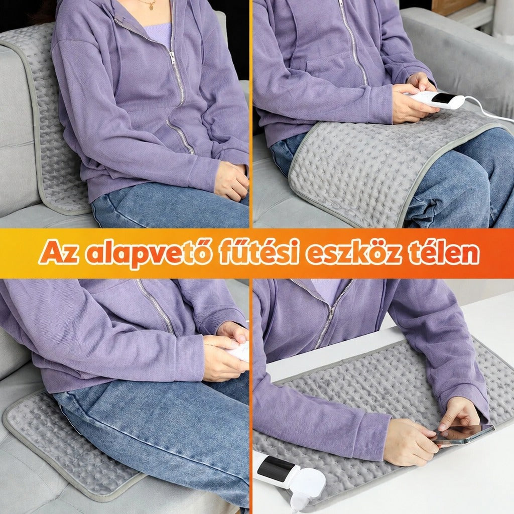 Elektromos melegítő párna négyféle használati módja fotókon bemutatva.