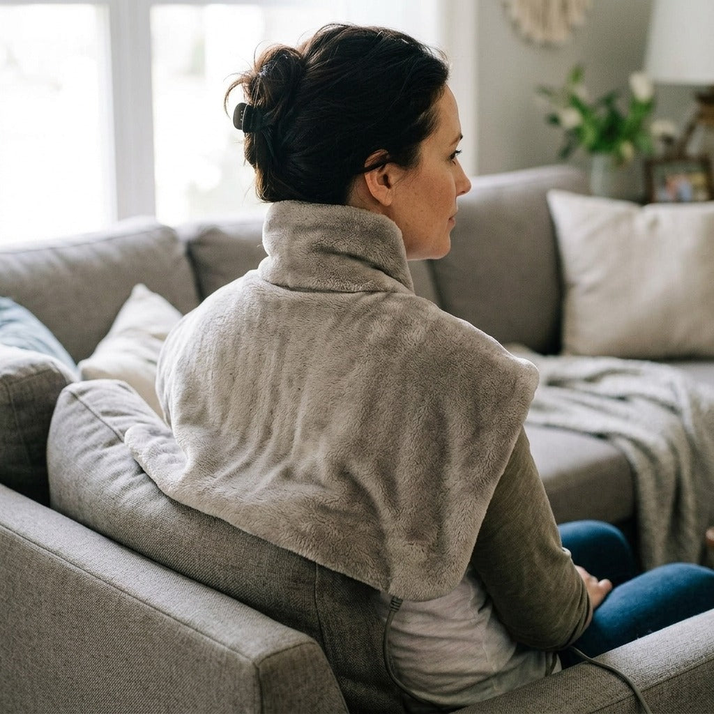 Electric Neck and Back Heating Pad Wrap - in use