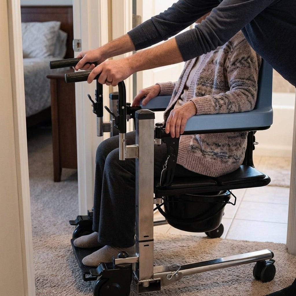 Electric Patient Transfer Chair for Bathroom Use - in use