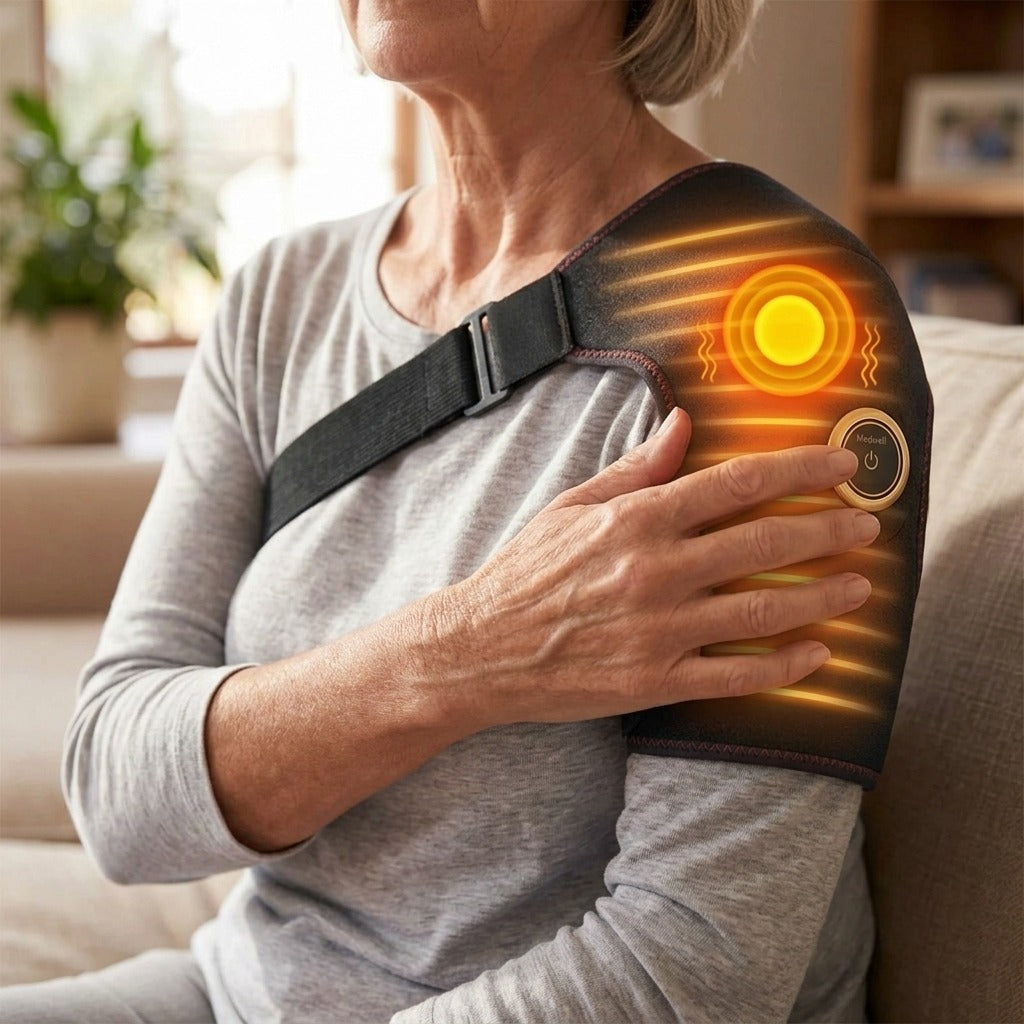Electric Shoulder Massager Belt with Heat and Vibration - in use