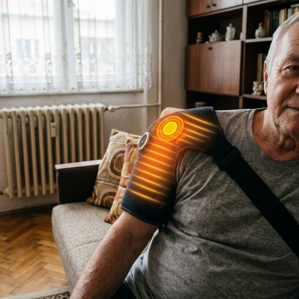 Elektromos vállmasszírozó öv melegítéssel és rezgéssel - használat közben