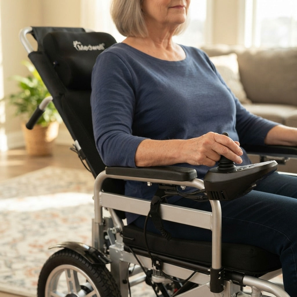 Electric Wheelchair with Reclining High Backrest - in use