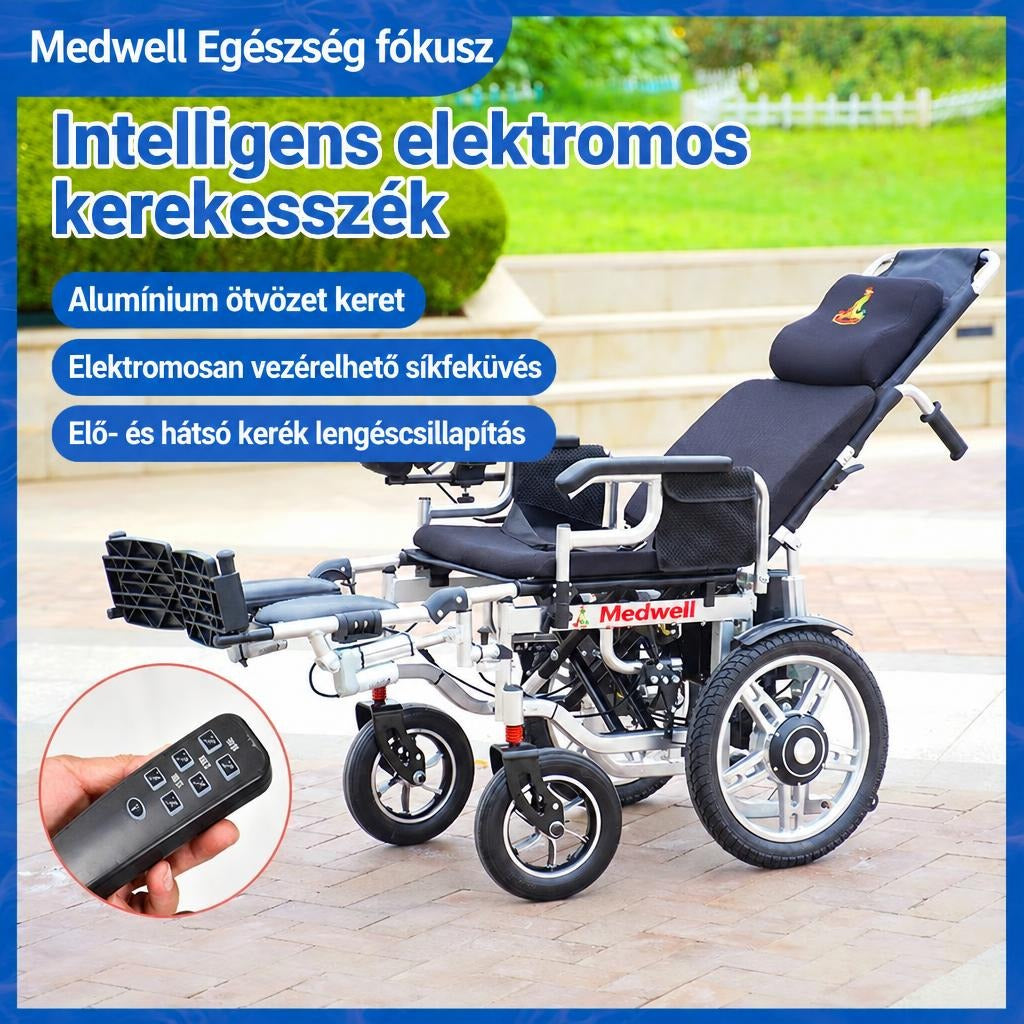 Dönthető háttámlájú Medwell elektromos kerekesszék távirányítóval a szabadban.