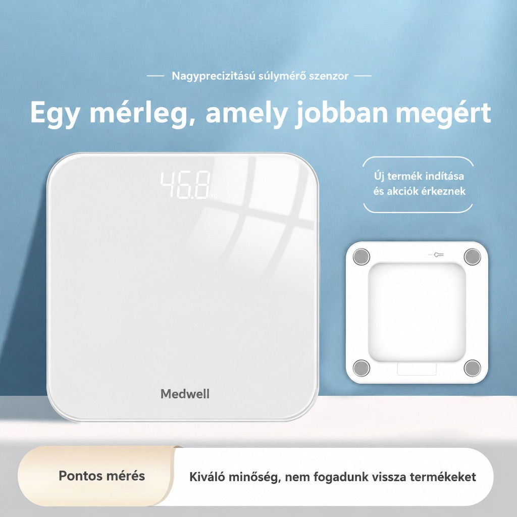 Fehér Medwell digitális személymérleg elölnézetből és a hátoldala.