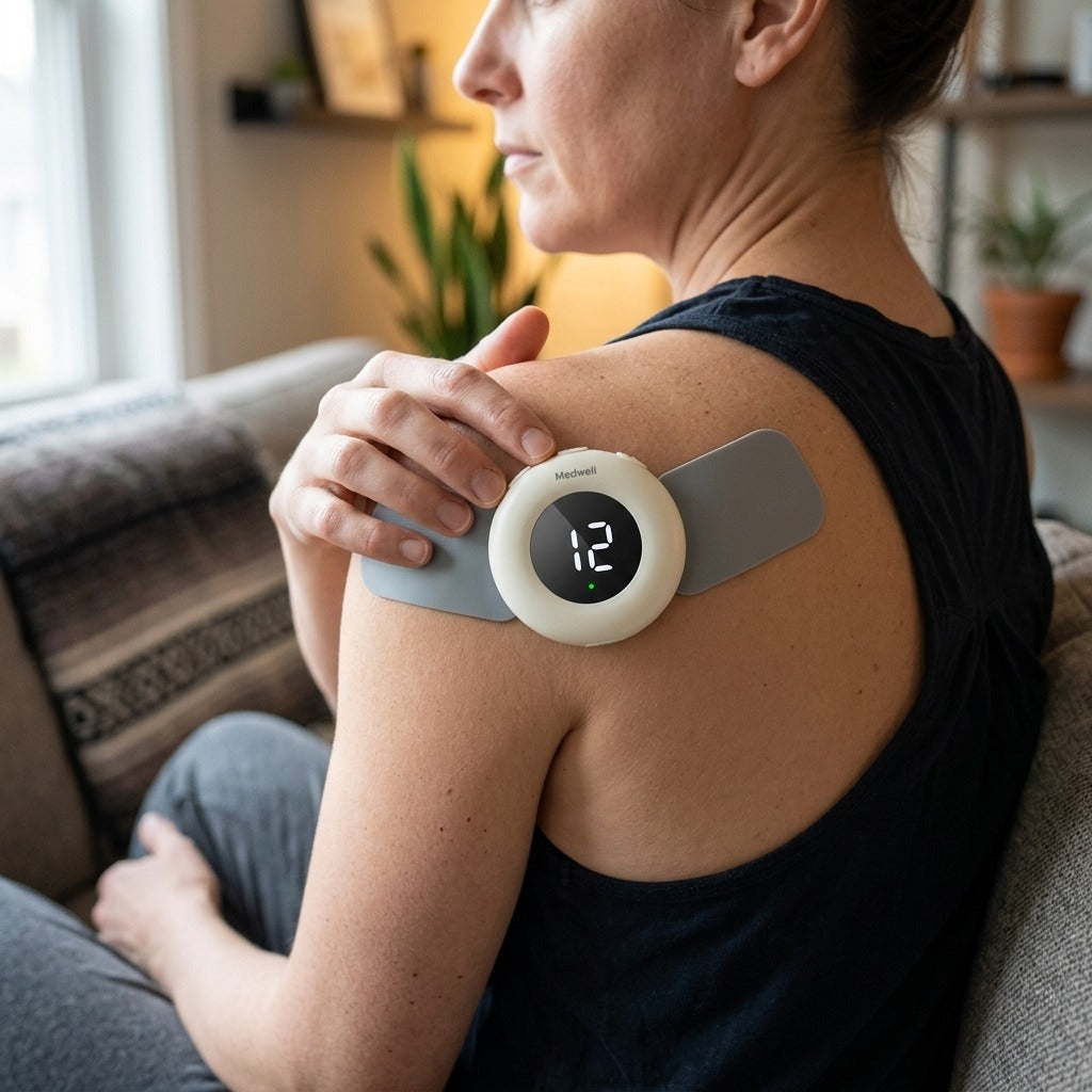 EMS TENS Body Therapy Massager with Red Light - in use