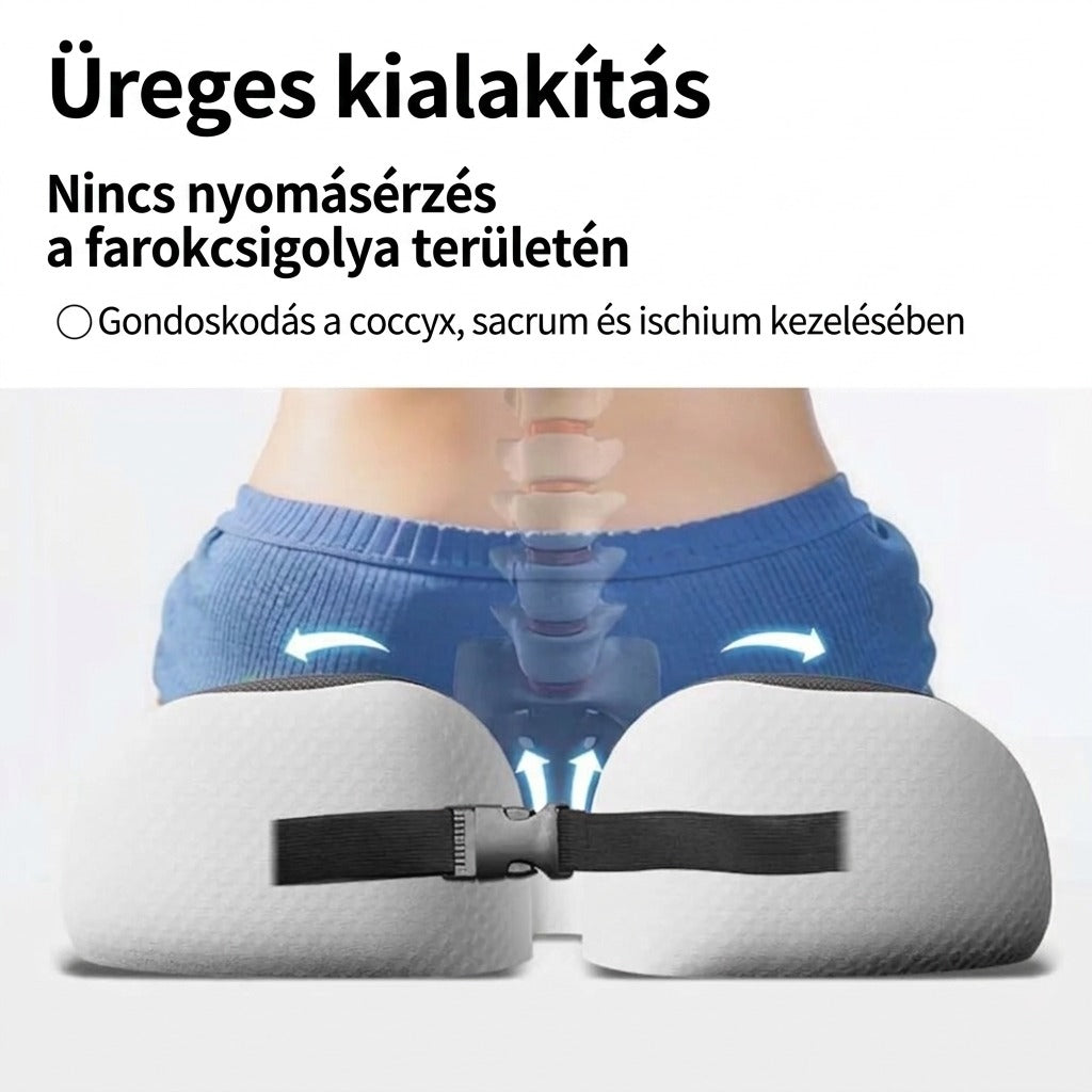 Üreges kialakítású ergonómikus ülőpárna a farokcsont és a medence tehermentesítésére.