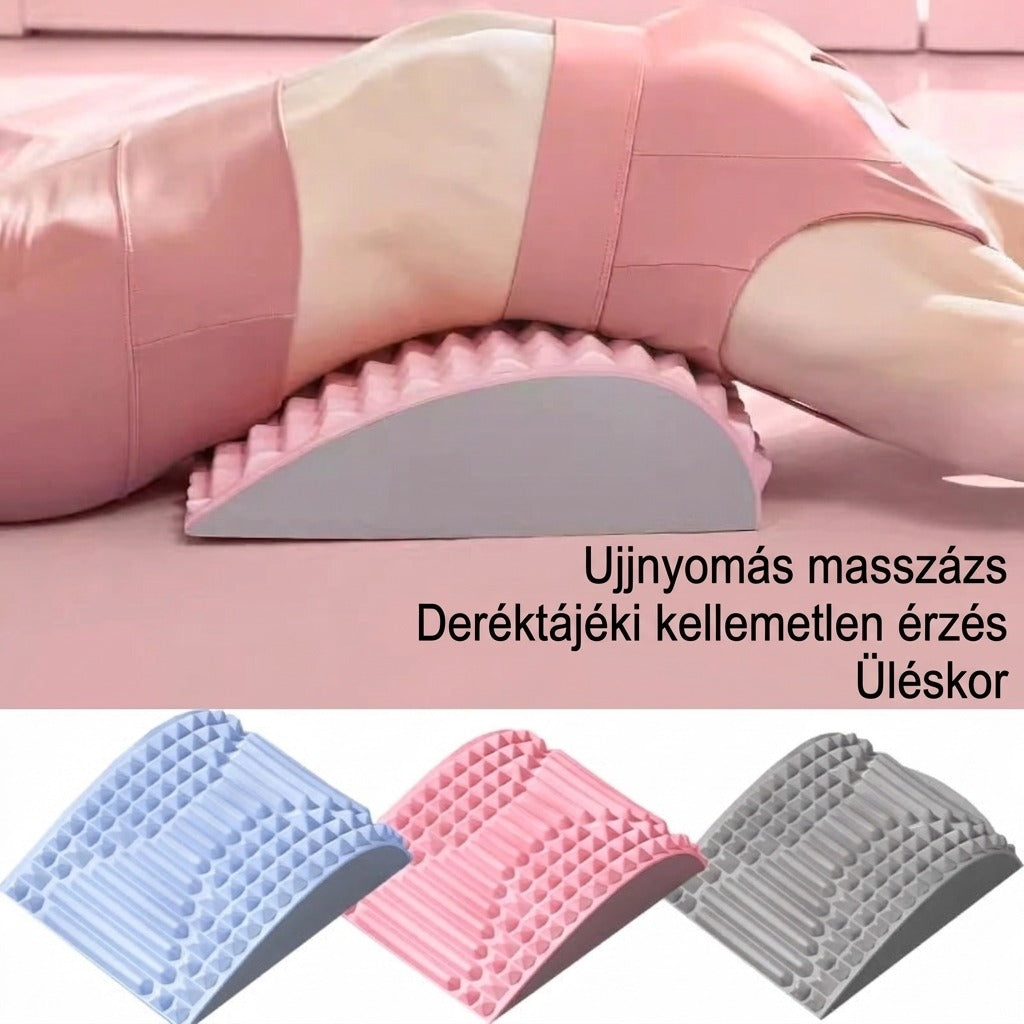 Íves deréktámasztó és masszírozó párna használat közben, valamint három különböző színben.