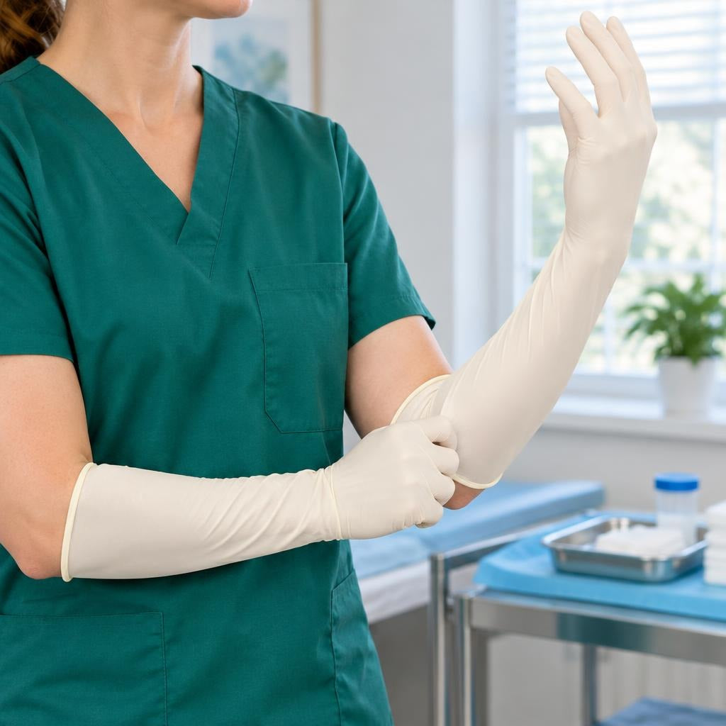 Extended Elbow Disposable Gloves - in use