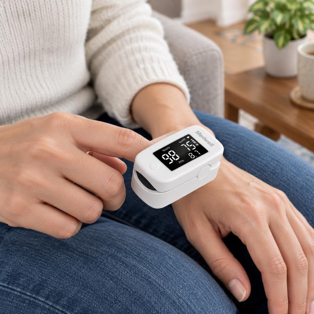 Fingertip Pulse Oximeter with LED Display - in use