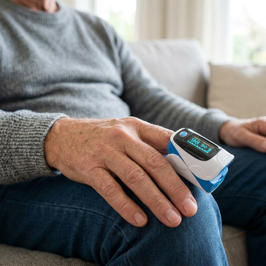 Fingertip Pulse Oximeter with OLED Display, SpO2 and Heart Rate - in use