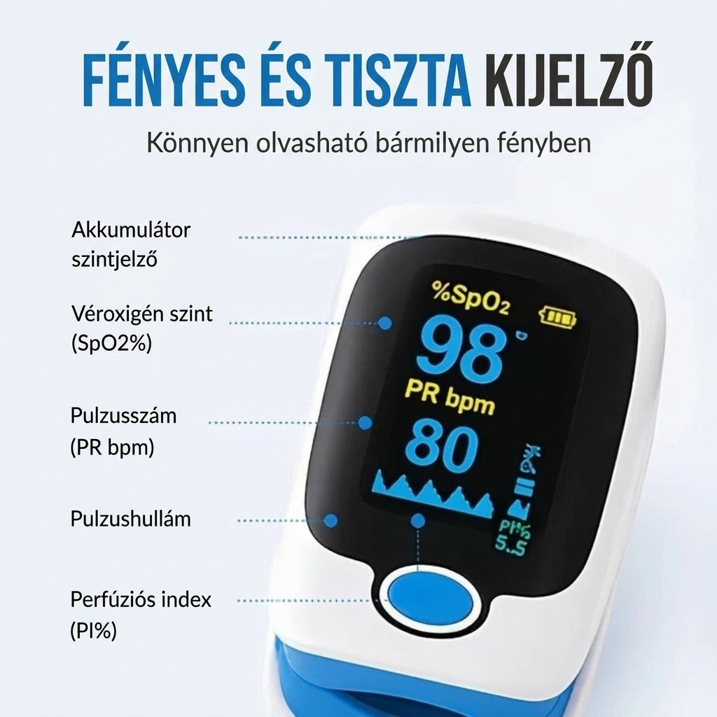 Ujjbegyes pulzoximéter OLED-kijelzővel, SpO2- és pulzusméréssel