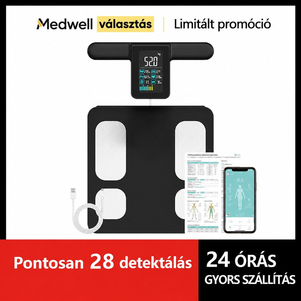 Okos személymérleg kijelzős fogantyúval, kábellel és telefonos alkalmazással.