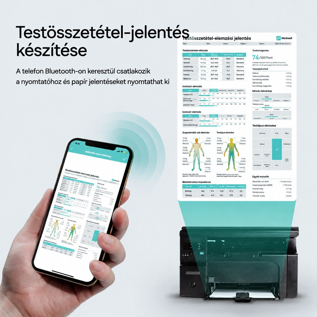 Okostelefon és nyomtató, amelyek testösszetétel-elemzési jelentést jelenítenek meg és nyomtatnak ki.