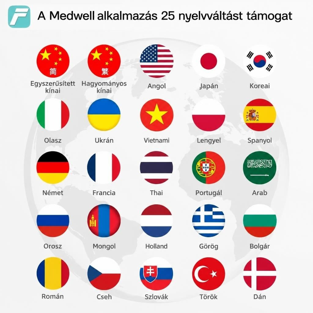 A Medwell alkalmazás által támogatott 25 nyelv zászlókkal illusztrált listája.
