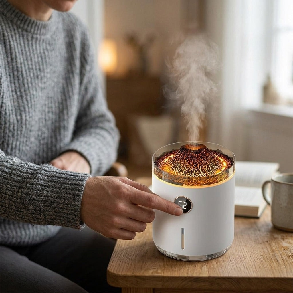 Flame-Style Mist Humidifier and Aroma Diffuser - in use