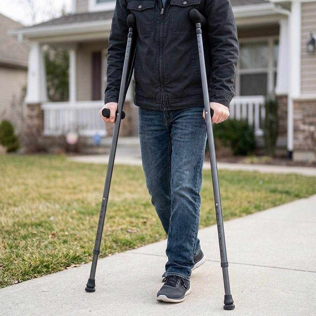 Foldable Adjustable Dual Underarm Crutches - in use