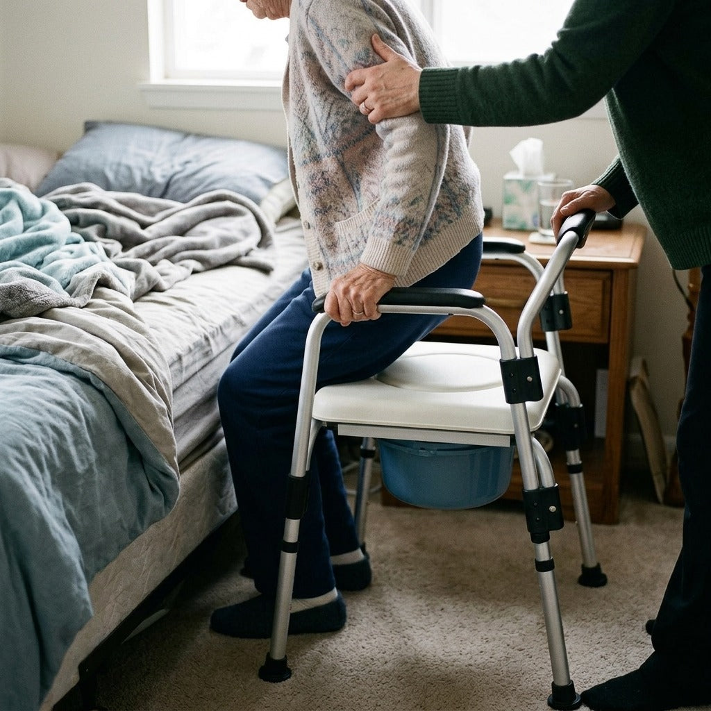 Foldable Adjustable Shower and Toilet Chair - in use