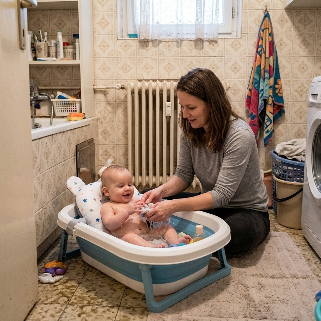 Összecsukható, csúszásgátlós baba fürdetőülőke - a mindennapokban