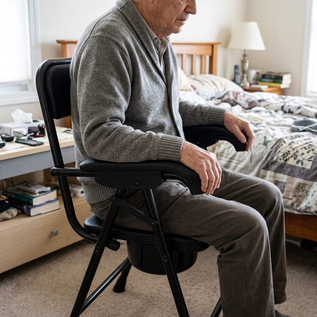 Foldable Bedside Commode with Armrests - in use