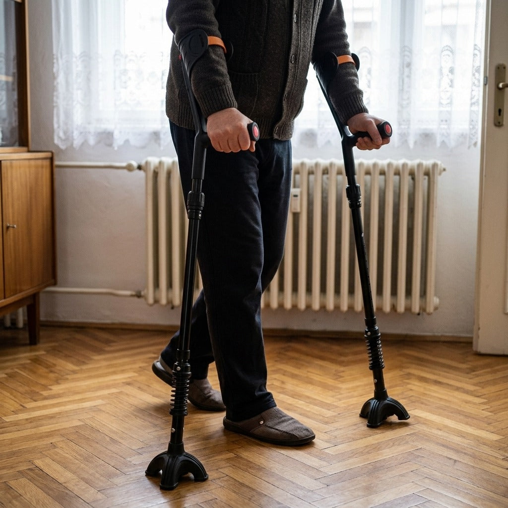 Összecsukható alkari mankó felnőtteknek, 150–185 cm - használat közben