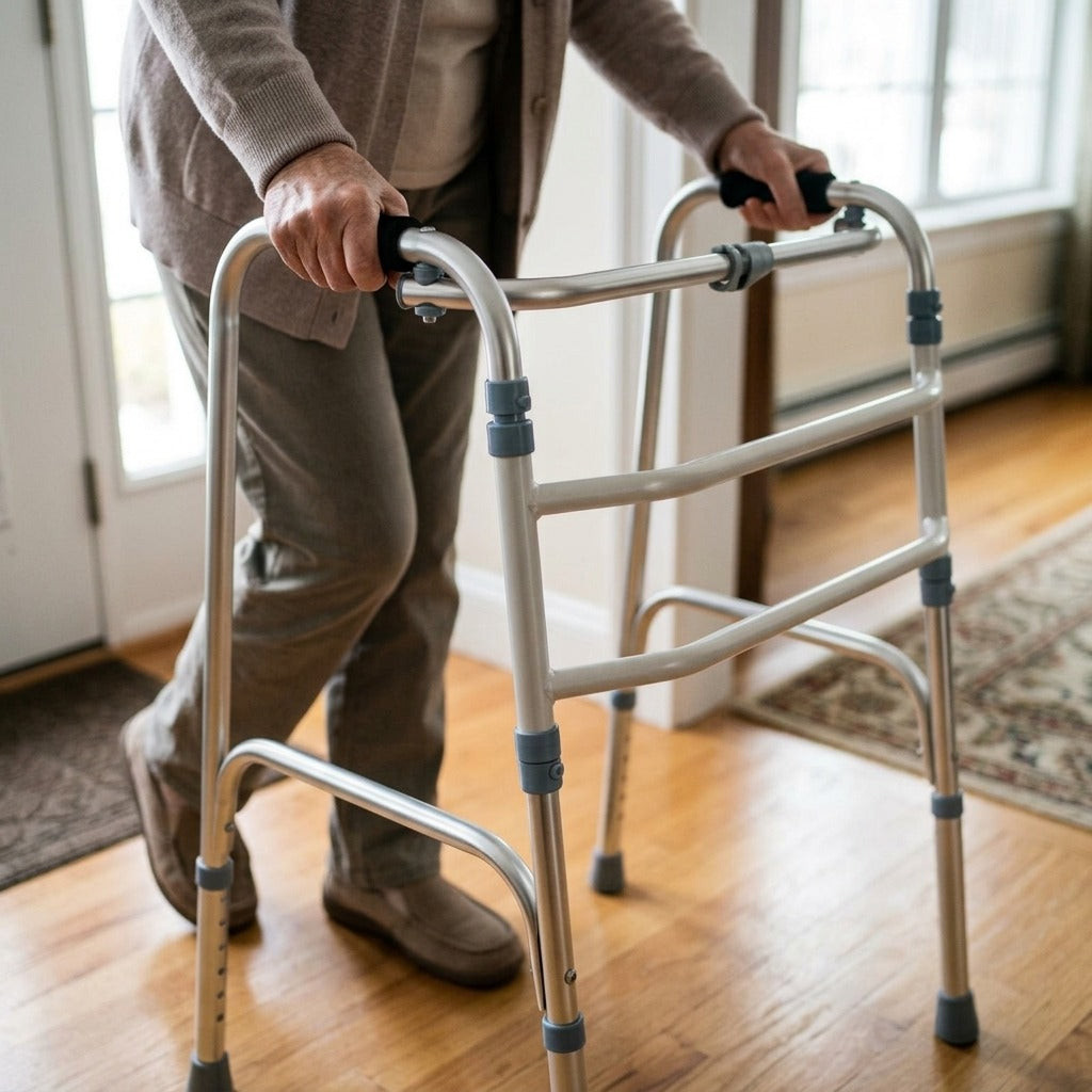 Foldable Four-Wheel Adjustable Walker - in use