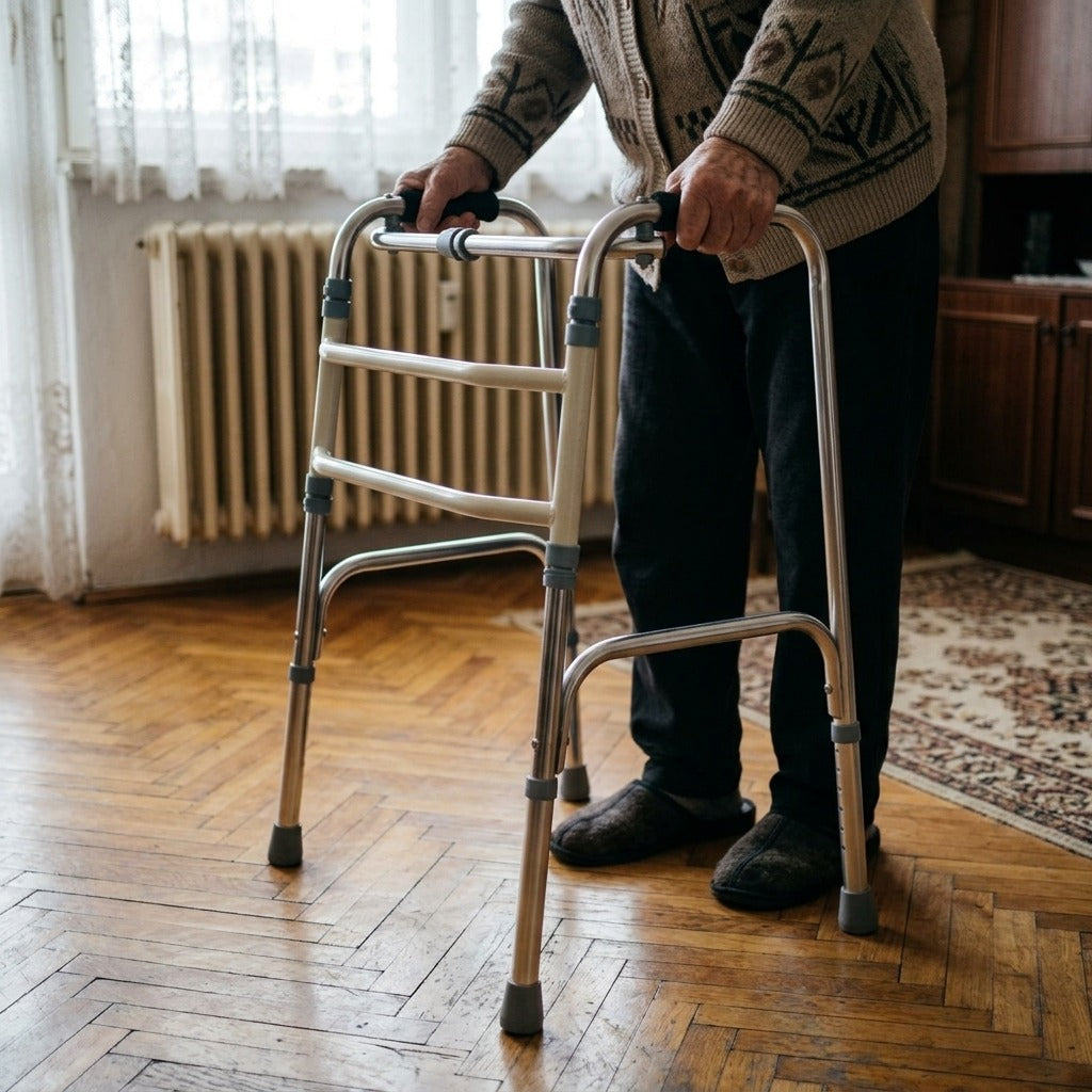 Összecsukható, állítható négykerekű járókeret - használat közben
