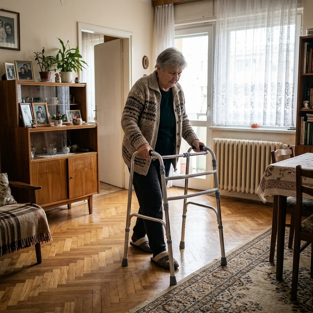 Összecsukható, állítható négykerekű járókeret - otthon