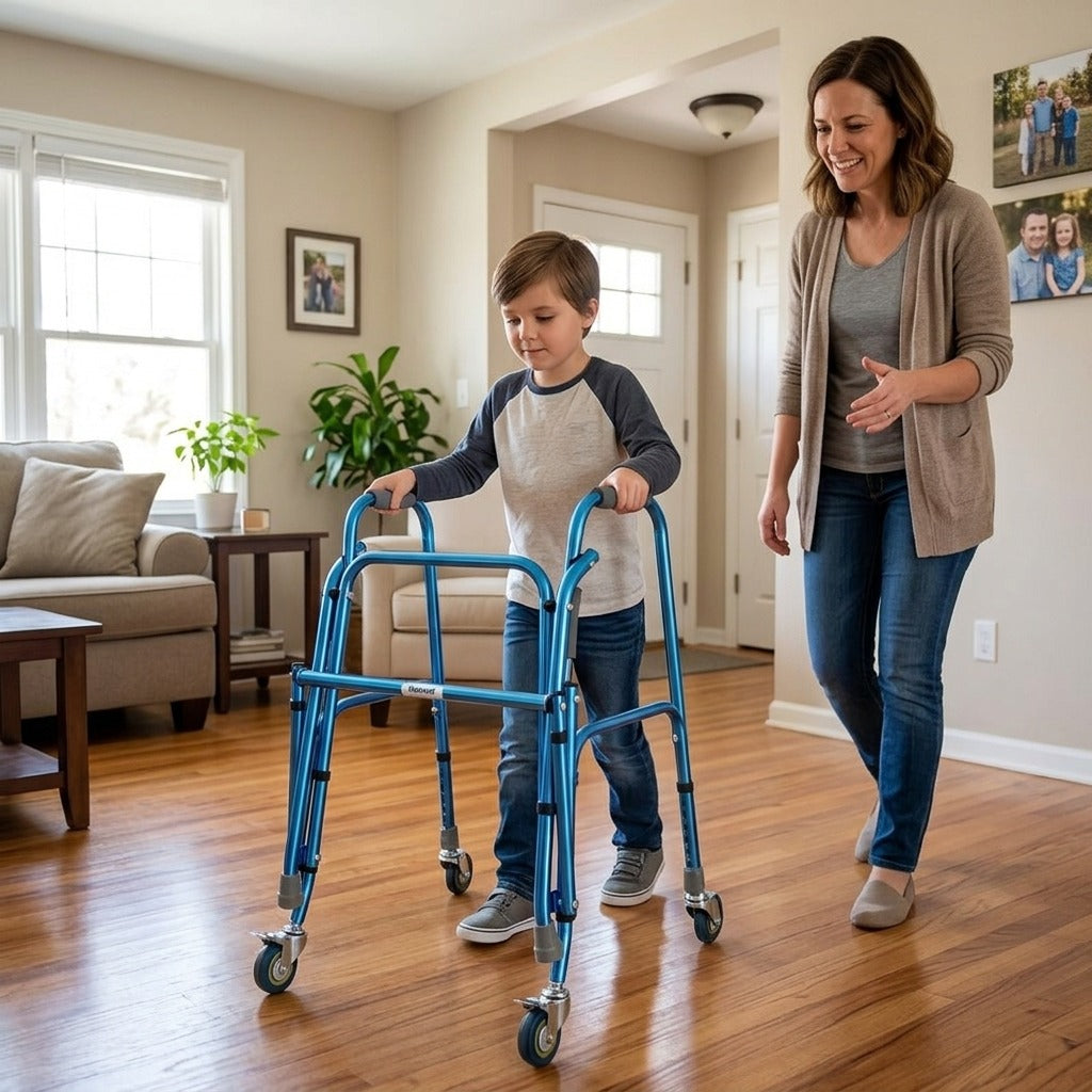 Foldable Four-Wheel Walker for Children - in everyday life