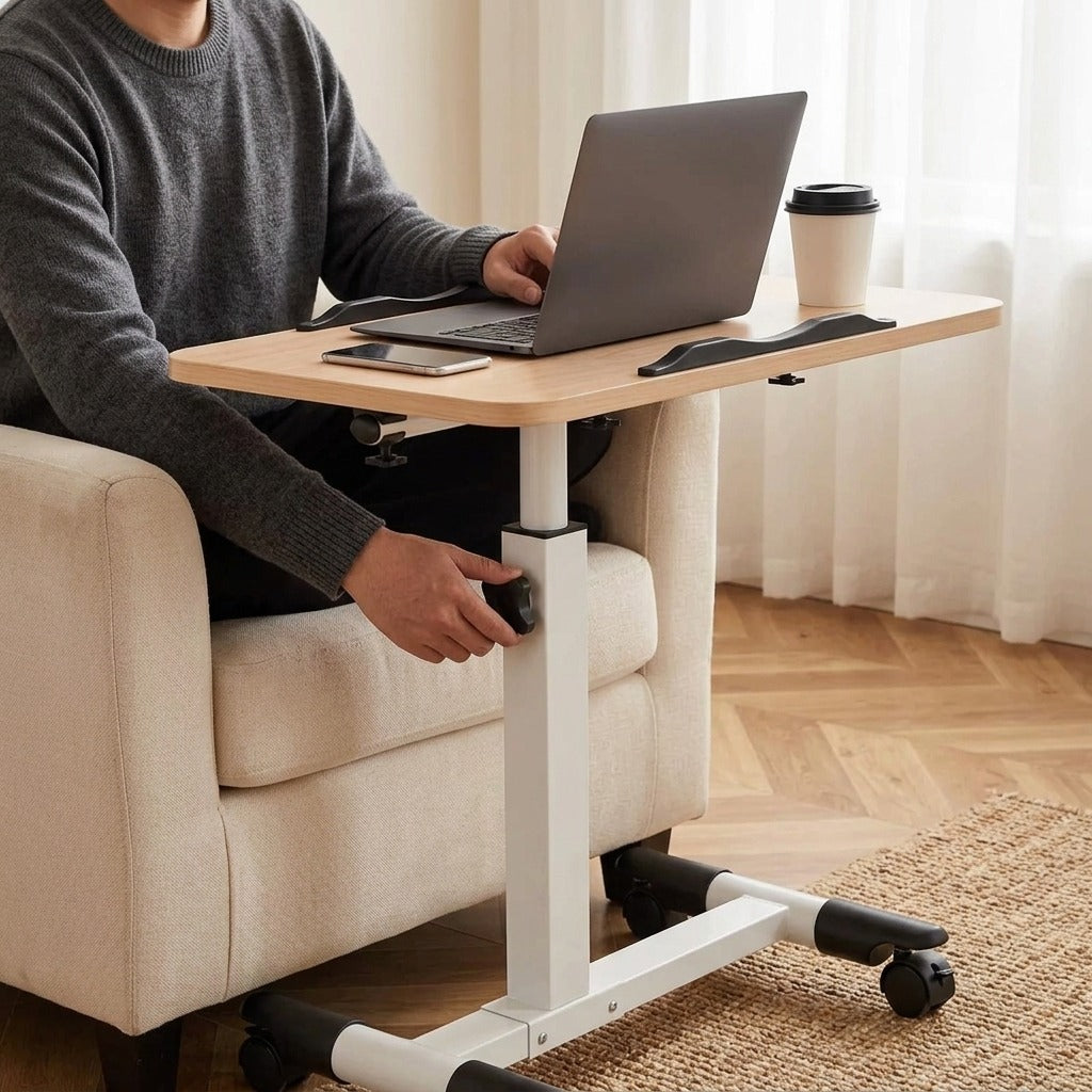Foldable Height-Adjustable Overbed Table with Wheels - in use
