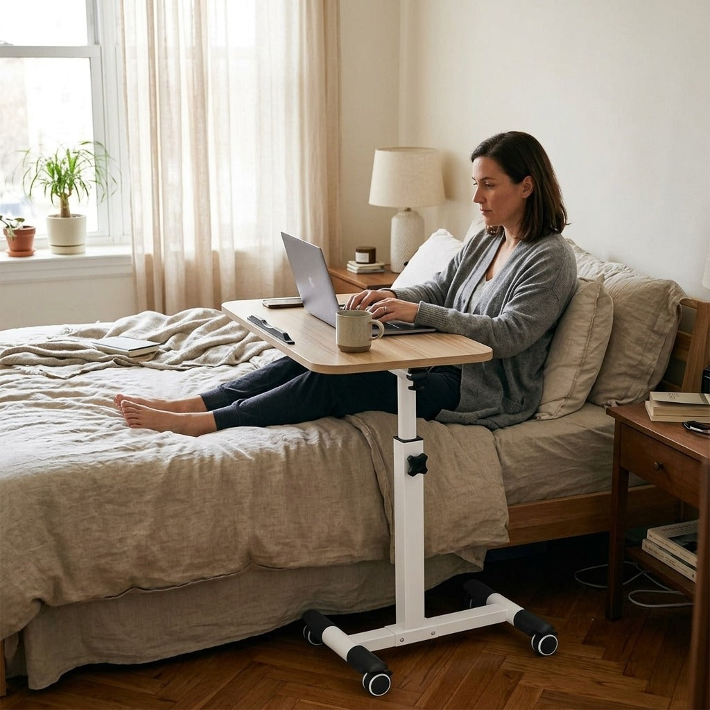 Foldable Height-Adjustable Overbed Table with Wheels - at home
