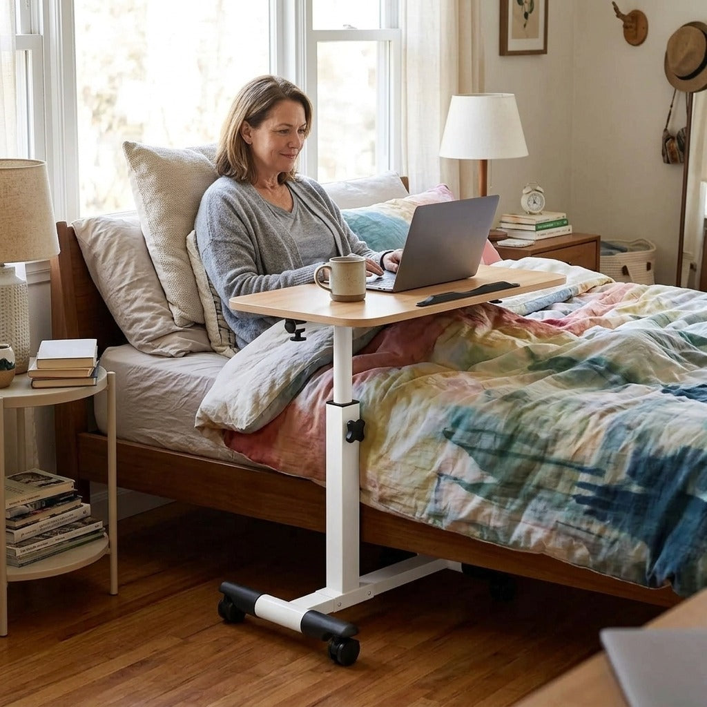 Foldable Height-Adjustable Overbed Table with Wheels - in everyday life