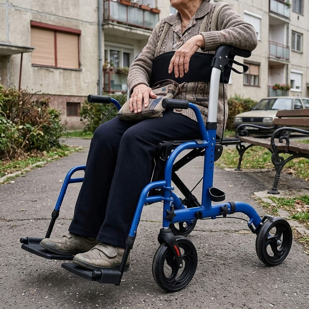 Összecsukható rollátor üléssel és háttámlával - használat közben