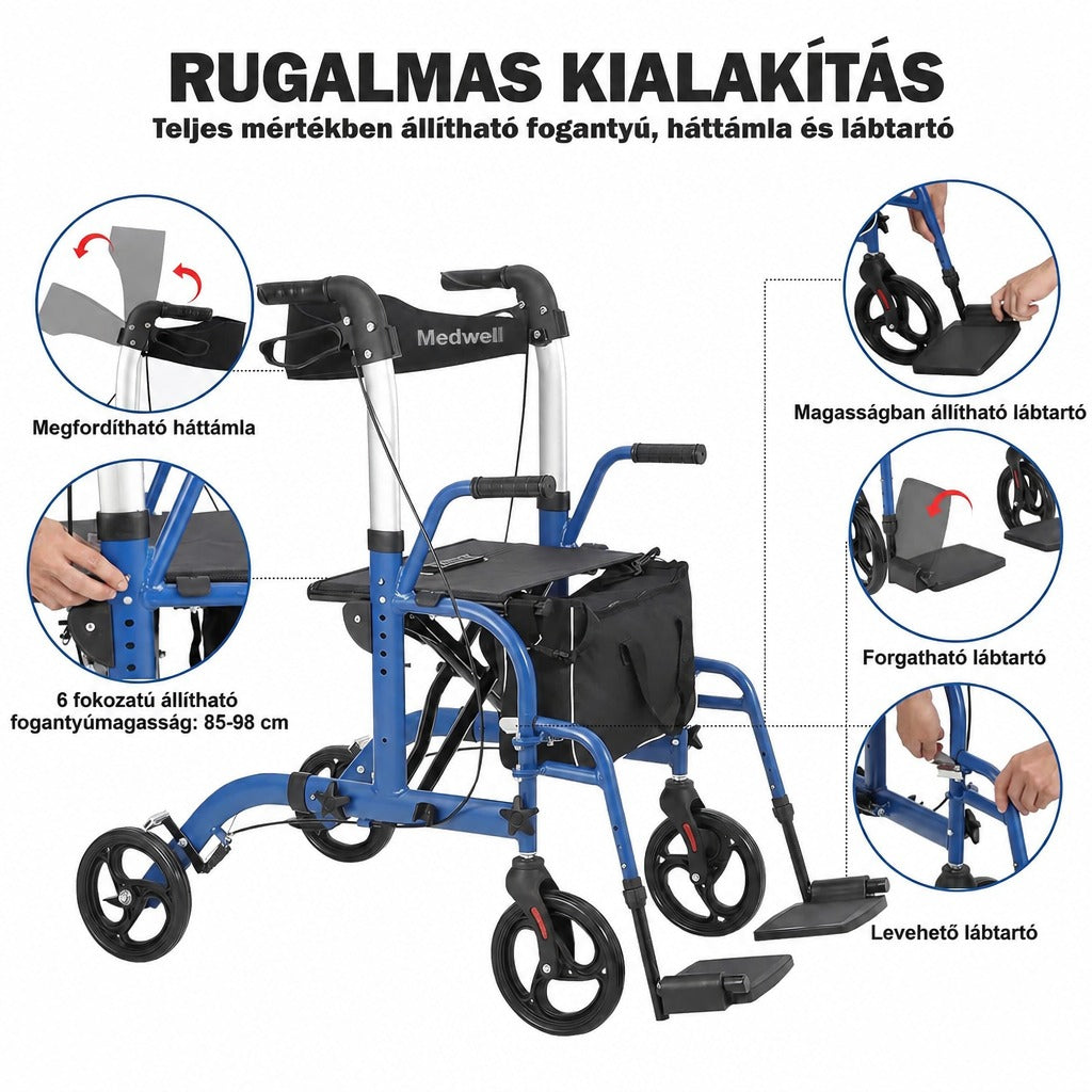 Összecsukható rollátor üléssel és háttámlával