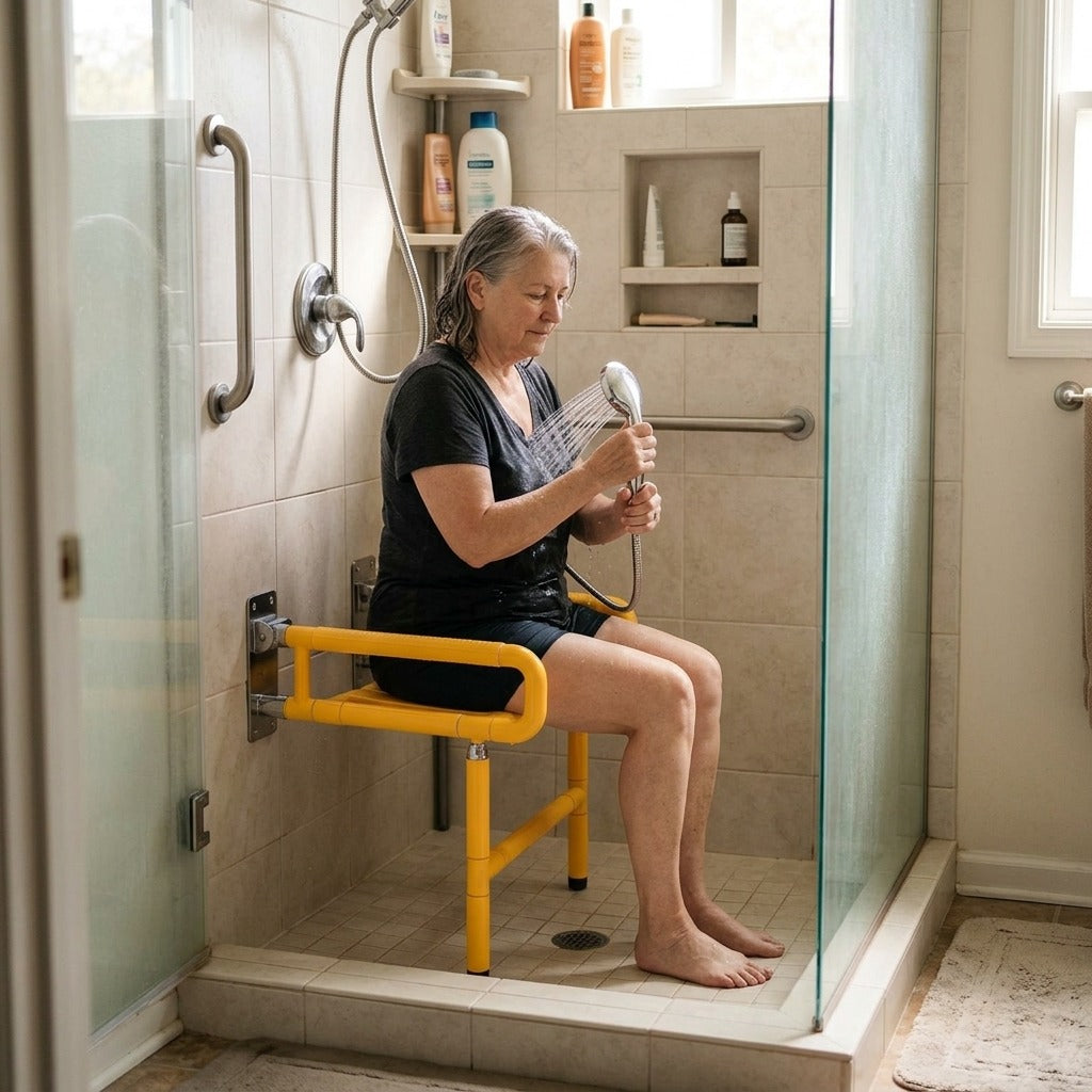 Foldable Wall-Mounted Shower Chair with Armrests - at home