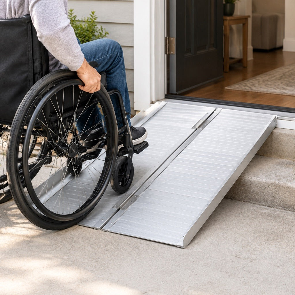 Foldable Wheelchair Ramp for Home Entries - in use