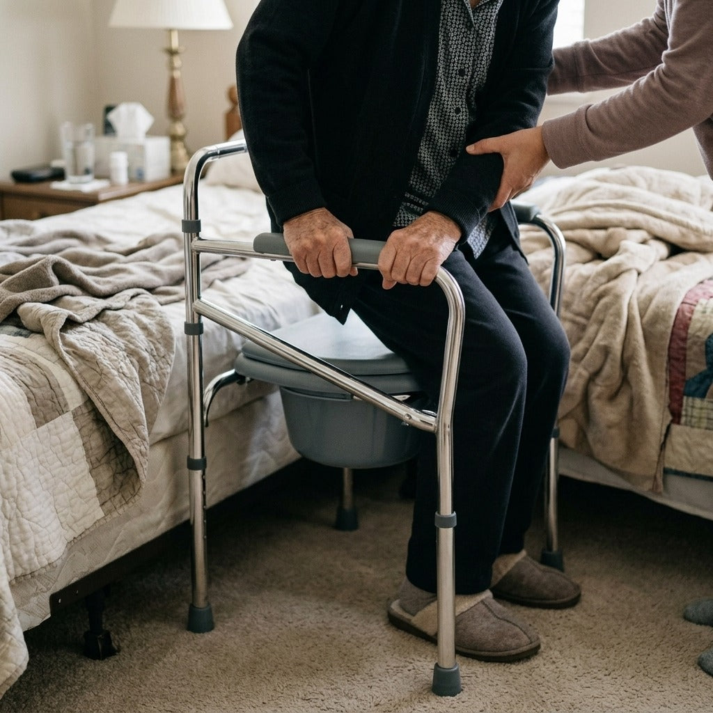 Folding Bedside Commode Chair with Adjustable Legs - in use