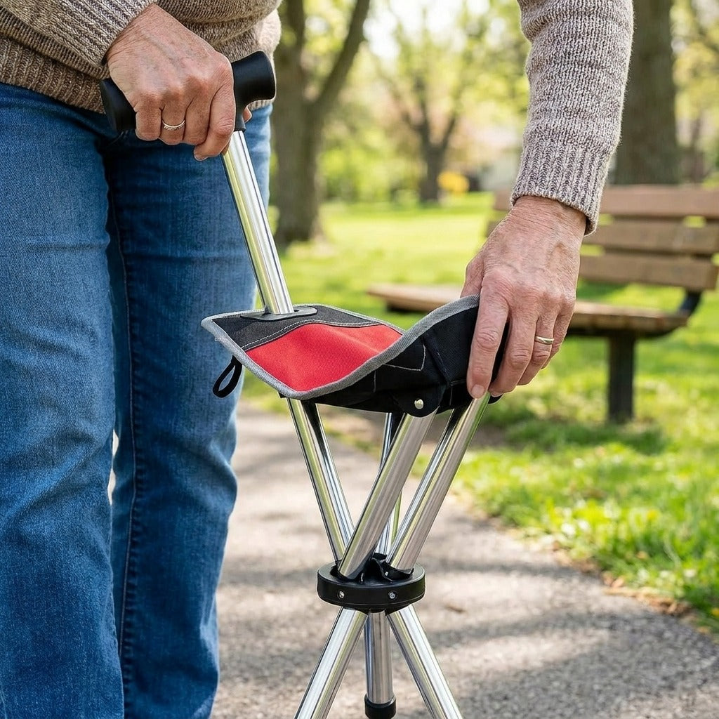 Folding Cane with Seat, Adjustable Height - in use